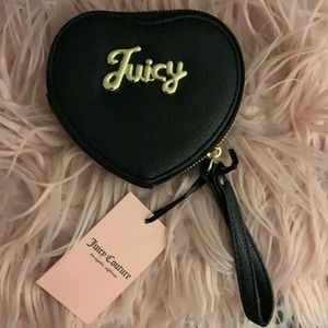 NWT Juicy Couture Black-Our Lips Are Sealed Heart wristlet.